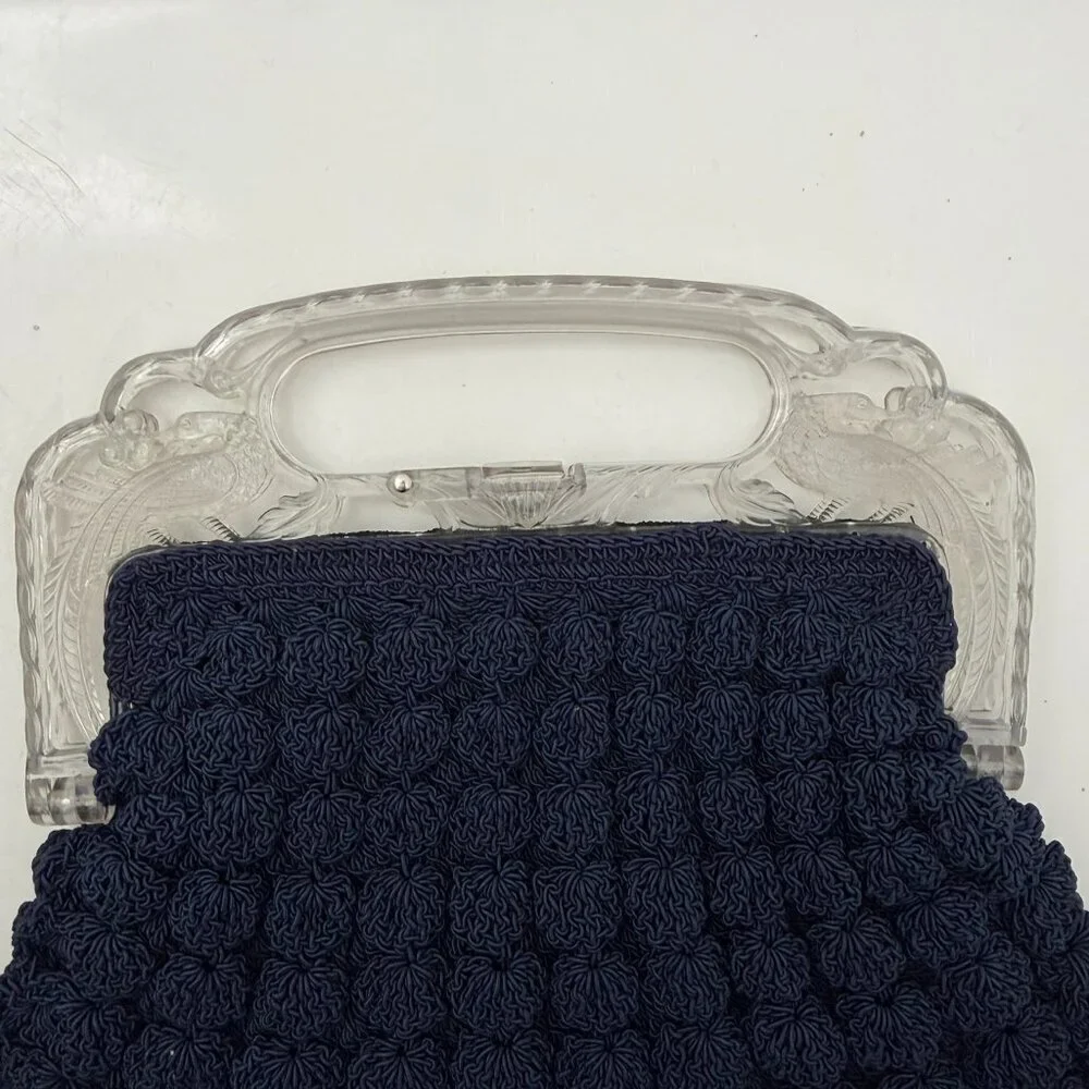 VINTAGE 30s Popcorn Crochet Navy Blue Peacock Handle Evening Bag